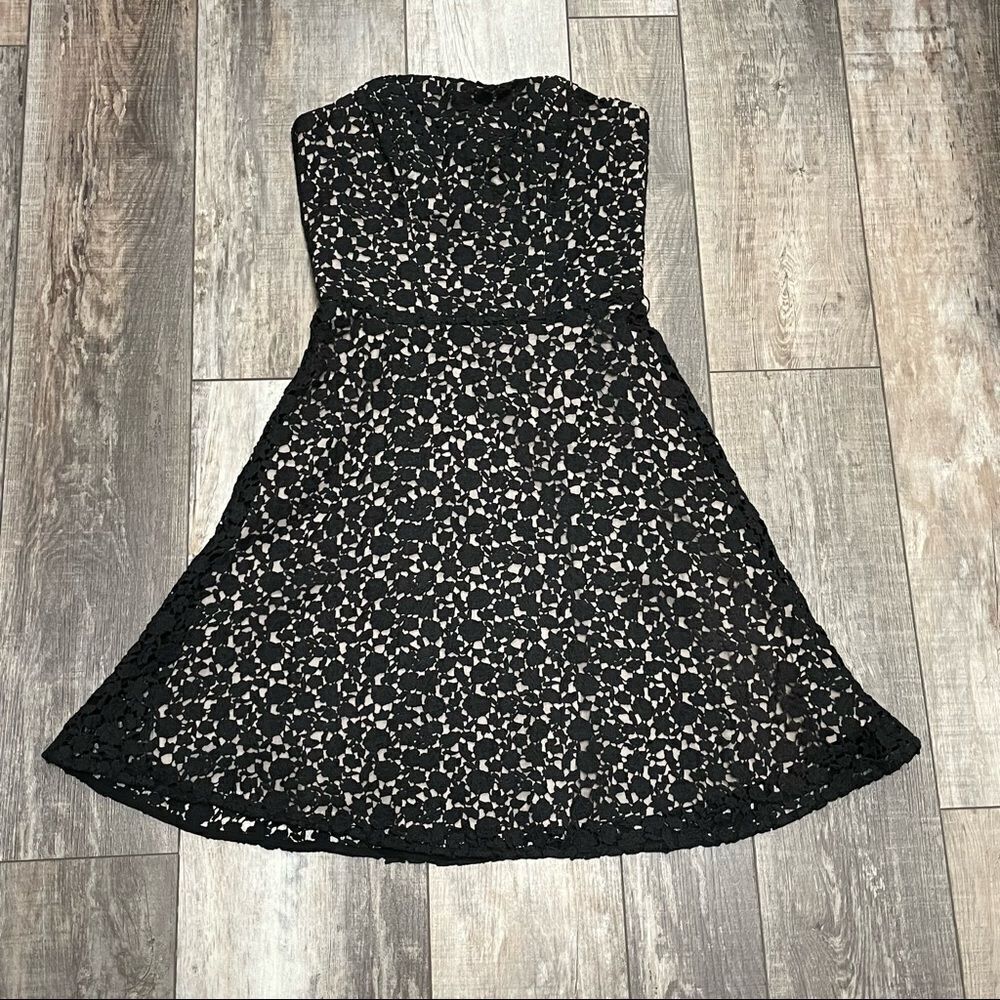 Burlapp Strapless Fit And Flare Black Knit Lace Over Gray/Nude Lining Dress Sz 6